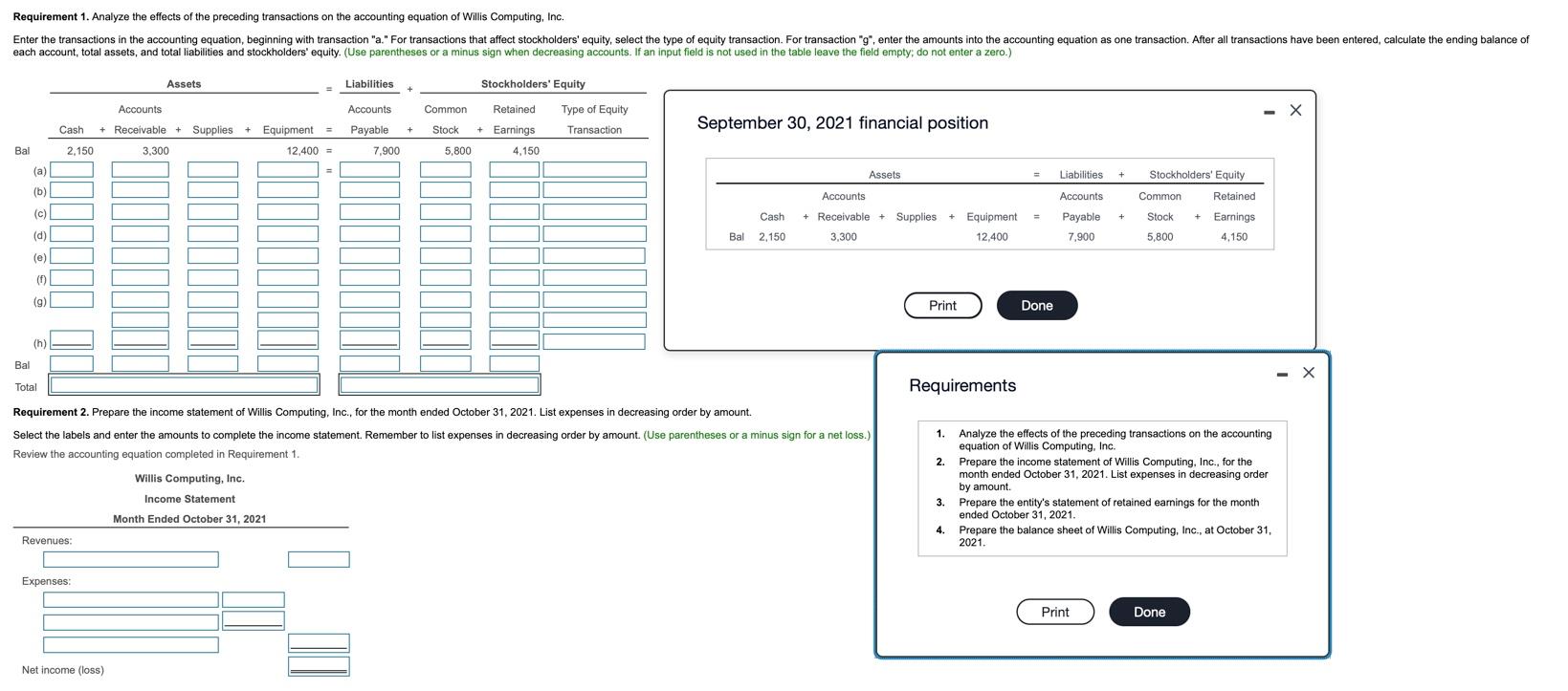 Requirement 1 Analyze The Effects Of The Preceding Transactions On The Accounting Equation Of Willis Computing Inc En 1