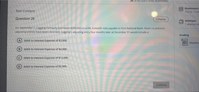 Test Content Question 26 On September 1 Logging Company Borrowed 200 000 On A 6 9 Month Note Payable To First Nation 1