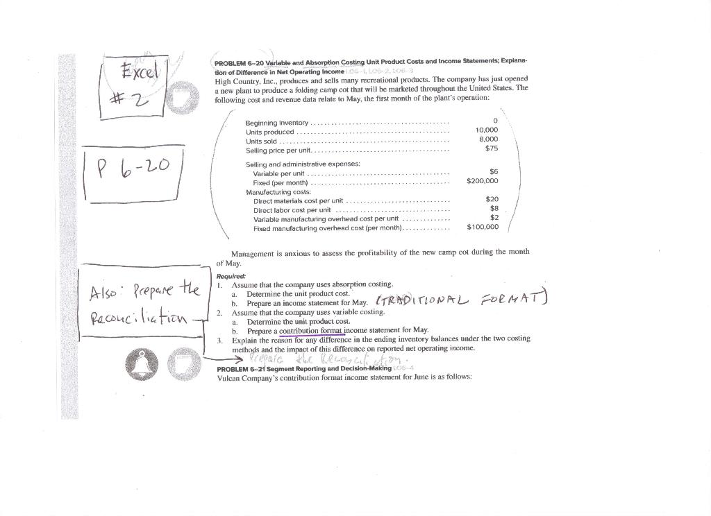 Excel 2 P 6 20 Also Prepare The Reconciliation Problem 6 20 Variable And Absorption Costing Unit Product Costs And Inco 1