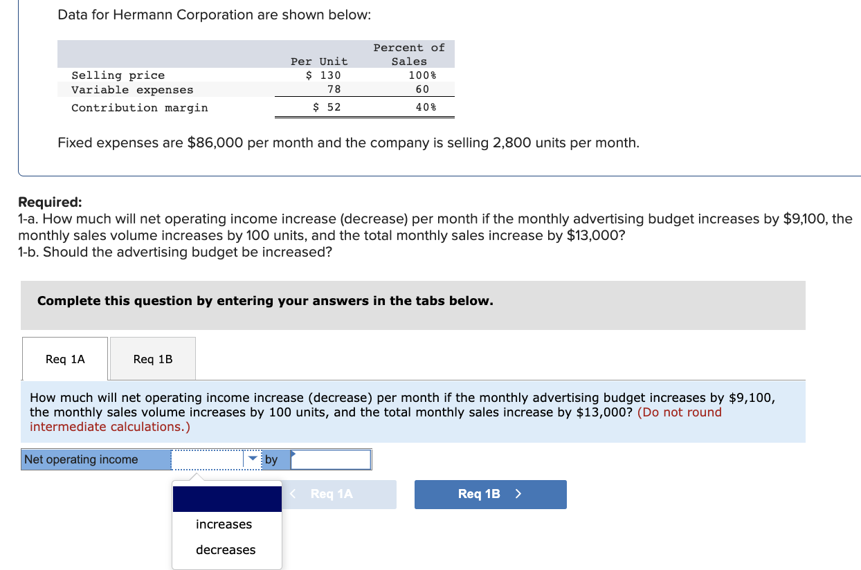 Data For Hermann Corporation Are Shown Below Selling Price Variable Expenses Contribution Margin Fixed Expenses Are 86 1