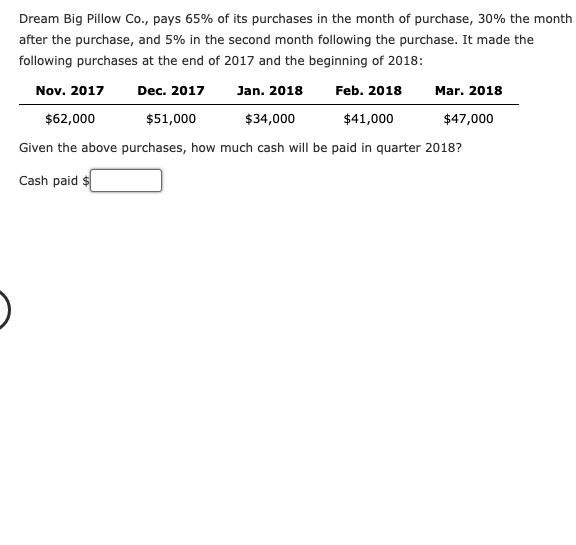 Dream Big Pillow Co Pays 65 Of Its Purchases In The Month Of Purchase 30 The Month After The Purchase And 5 In Th 1