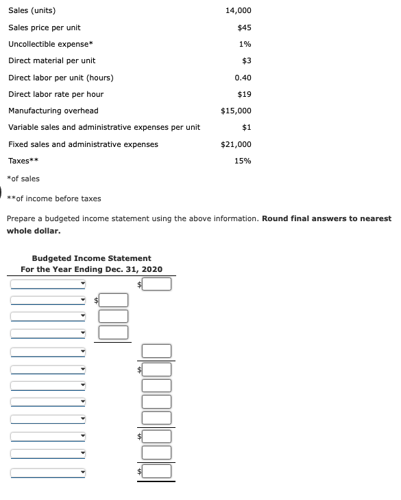 Sales Units Sales Price Per Unit Uncollectible Expense Direct Material Per Unit Direct Labor Per Unit Hours Direct 1