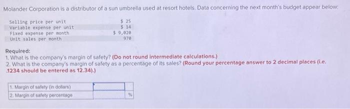 Molander Corporation Is A Distributor Of A Sun Umbrella Used At Resort Hotels Data Concerning The Next Month S Budget A 1