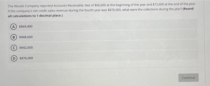The Woods Company Reported Accounts Receivable Net Of 66 600 At The Beginning Of The Year And 72 600 At The End Of Th 1