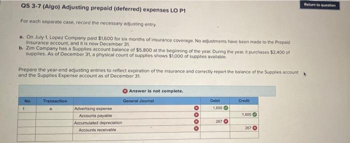 Qs 3 7 Algo Adjusting Prepaid Deferred Expenses Lo P1 For Each Separate Case Record The Necessary Adjusting Entry 1