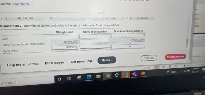 Lead The Requirements 48 000 000 2 X 1 5 Requirement 2 Show The Airplane S Book Value At The End Of The First Year F 1