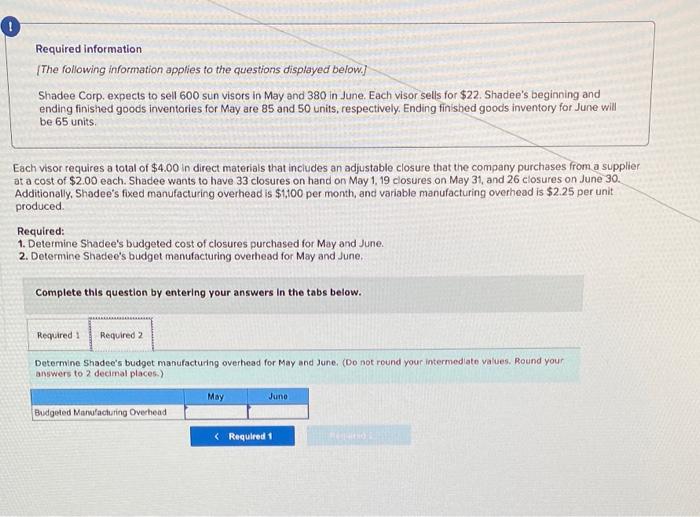 Required Information The Following Information Applies To The Questions Displayed Below Shadee Corp Expects To Sel 2