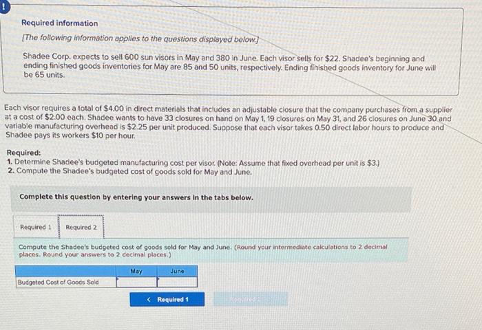 0 Required Information The Following Information Applies To The Questions Displayed Below Shadee Corp Expects To Sel 2