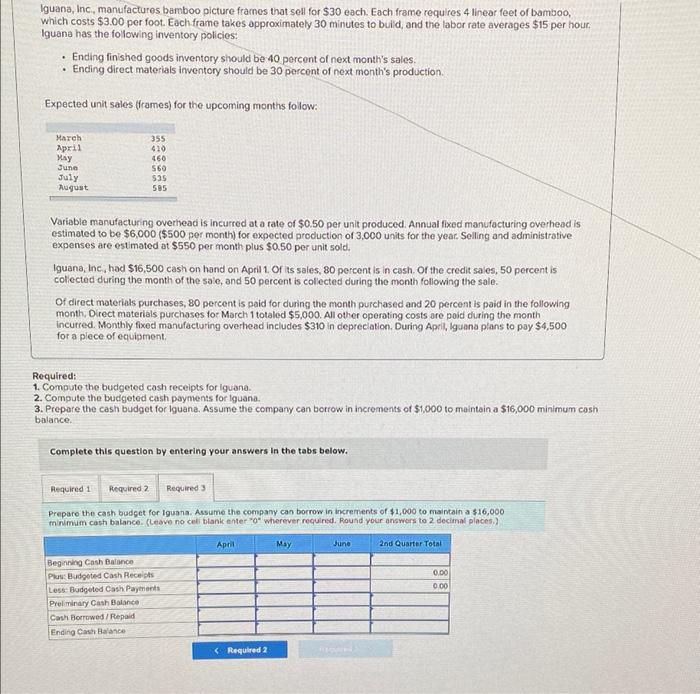 The Following Information Applies To The Questions Displayed Below Iguana Inc Manufactures Bamboo Picture Frames T 3
