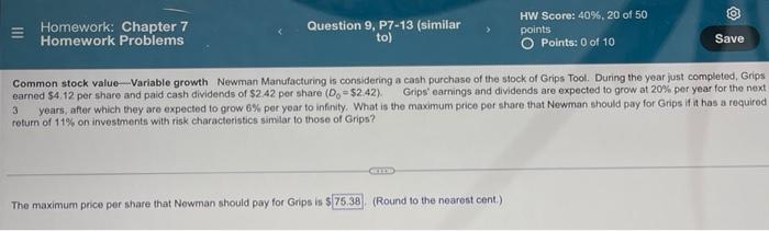 Homework Chapter 7 Homework Problems Question 9 P7 13 Similar To Hw Score 40 20 Of 50 Points Points 0 Of 10 8 Th 1