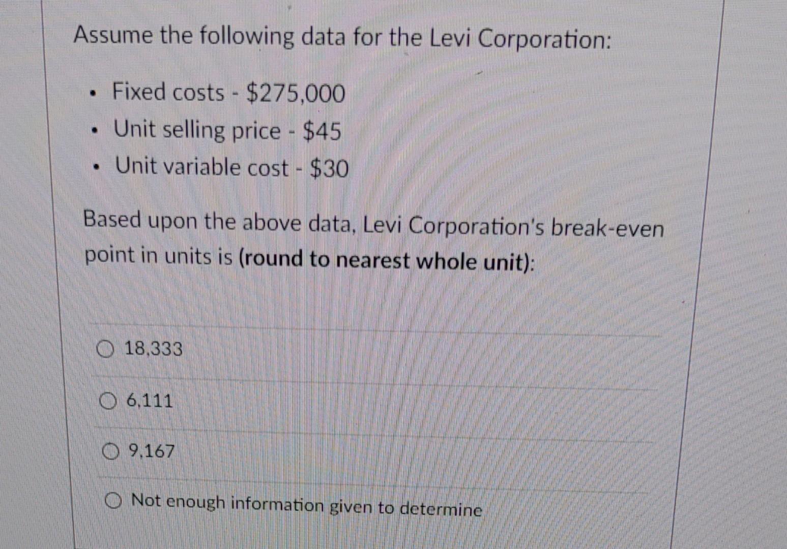 Assume The Following Data For The Levi Corporation Fixed Costs 275 000 Unit Selling Price 45 Unit Variable Co 1