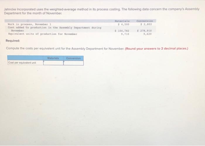 Compute The Costs Per Equivalent Unit For The Assembly Department For November 1