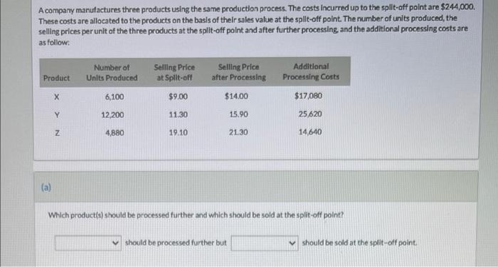 A Company Manufactures Three Products Using The Same Production Process The Costs Incurred Up To The Spillt Off Point A 1