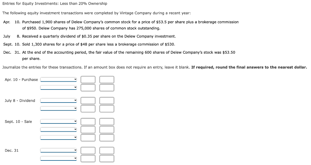 Entries For Equity Investments Less Than 20 Ownership The Following Equity Investment Transactions Were Completed By V 1