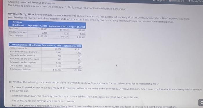Analyzing Unearned Revenue Disclosures The Following Disclosures Are From The September 1 2013 Annual Report Of Costco 1