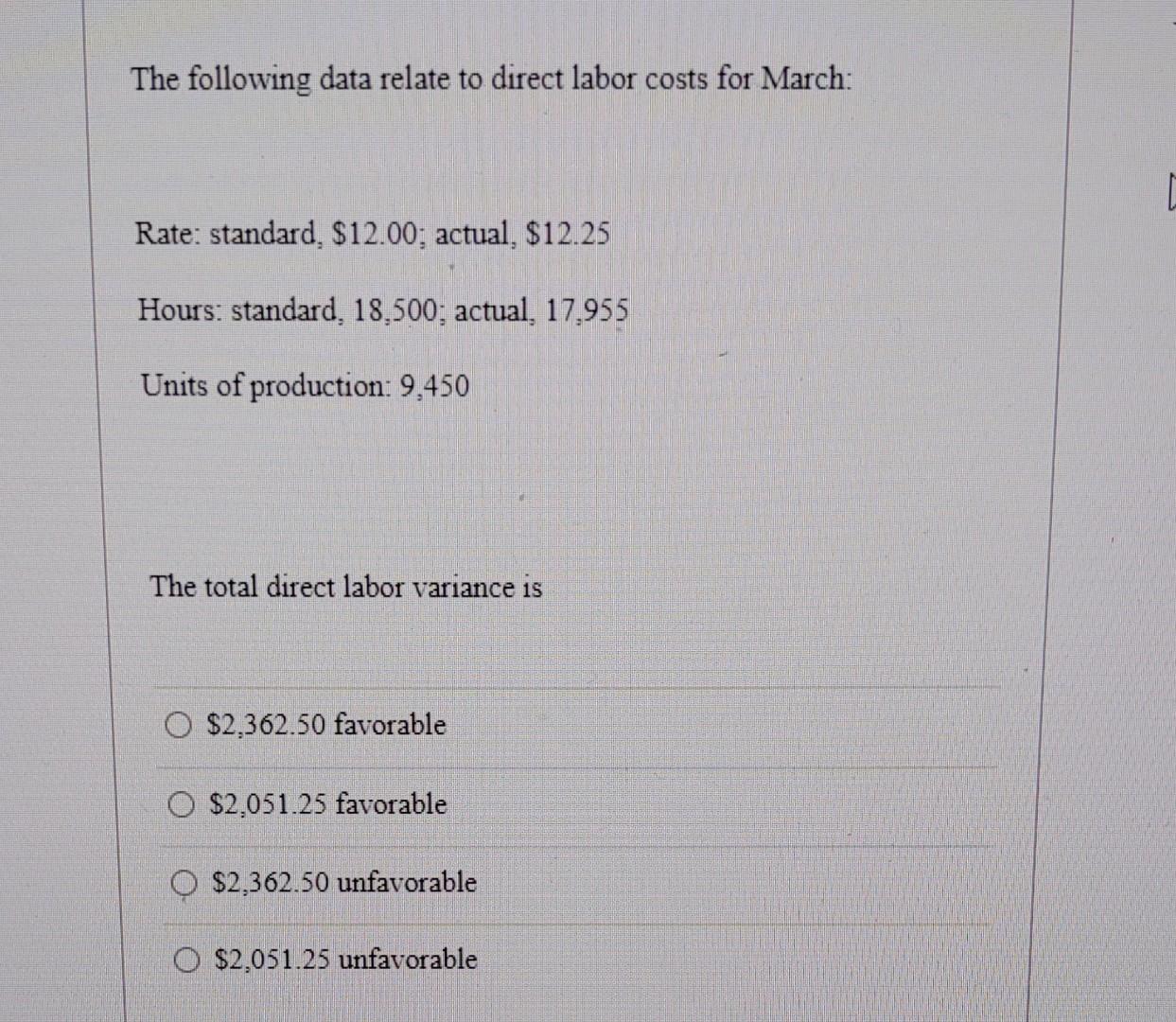The Following Data Relate To Direct Labor Costs For March Rate Standard 12 00 Actual 12 25 Hours Standard 18 50 1