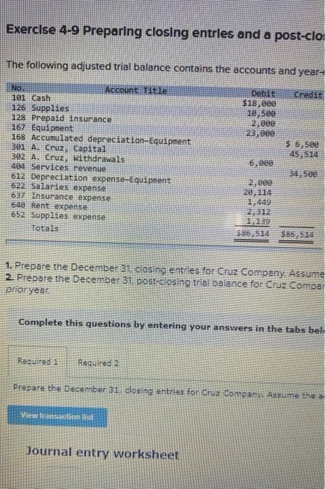 Exercise 4 9 Preparing Closing Entries And A Post Clo The Following Adjusted Trial Balance Contains The Accounts And Yea 1