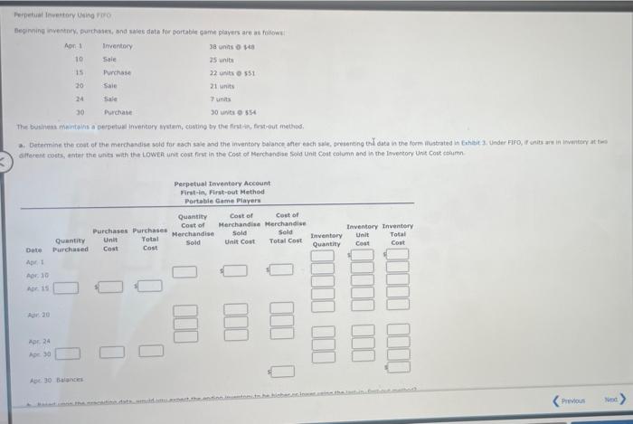 Perpetual Inventory Using Fifo Beginning Inventory Purchases And Sales Data For Portable Game Players Are As Follows I 1