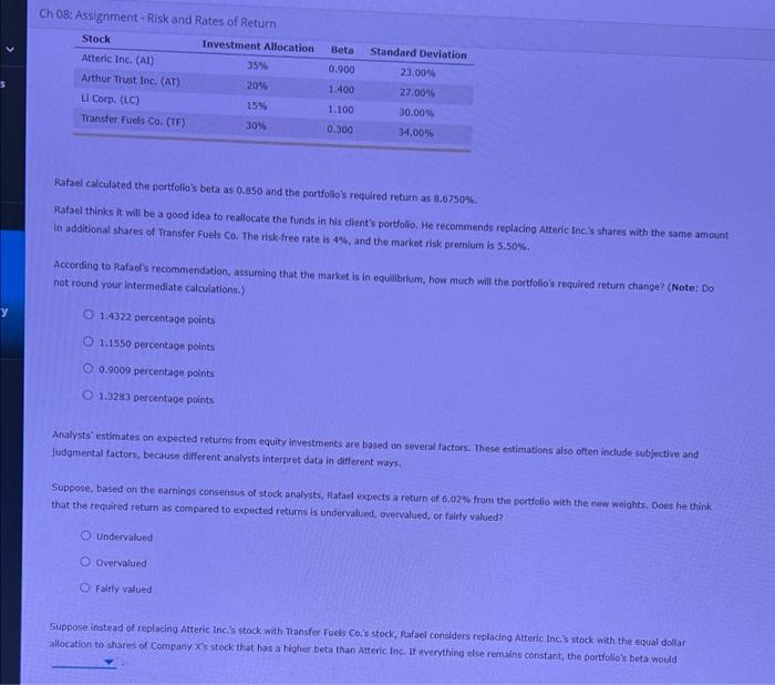 Beta Ch 08 Assignment Risk And Rates Of Return Stock Investment Allocation Atteric Inc Al 35 Arthur Trust Inc A 1