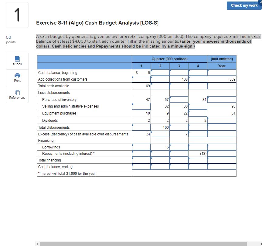 1 50 Points Ebook Print References Cash Balance Beginning Add Collections From Customers Total Cash Available Less Disb 1