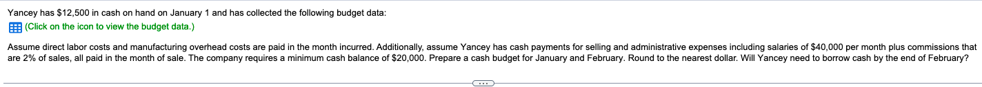 Yancey Has 12 500 In Cash On Hand On January 1 And Has Collected The Following Budget Data Click On The Icon To View 1