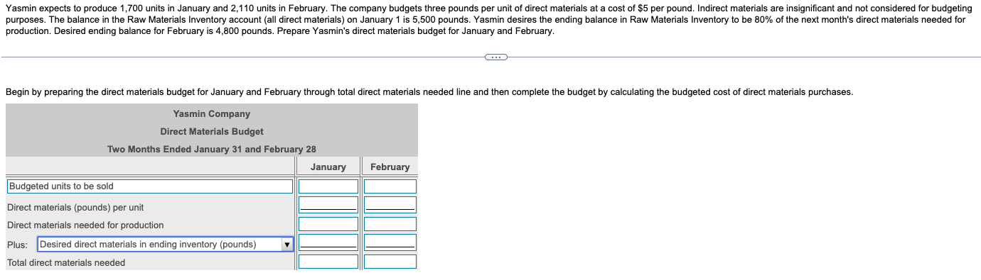 Yasmin Expects To Produce 1 700 Units In January And 2 110 Units In February The Company Budgets Three Pounds Per Unit 1