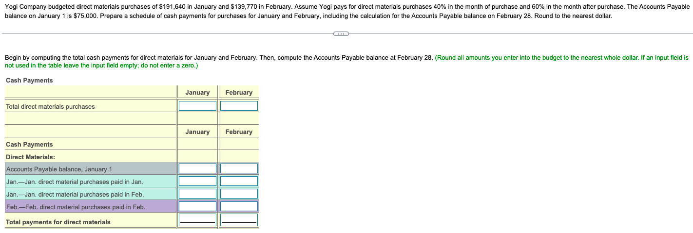 Yogi Company Budgeted Direct Materials Purchases Of 191 640 In January And 139 770 In February Assume Yogi Pays For D 1