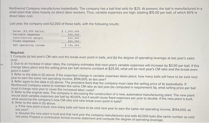 Es Northwood Company Manufactures Basketballs The Company Has A Ball That Sells For 25 At Present The Ball Is Manufa 1