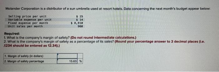 Molander Corporation Is A Distributor Of A Sun Umbrella Used At Resort Hotels Data Concerning The Next Month S Budget A 1