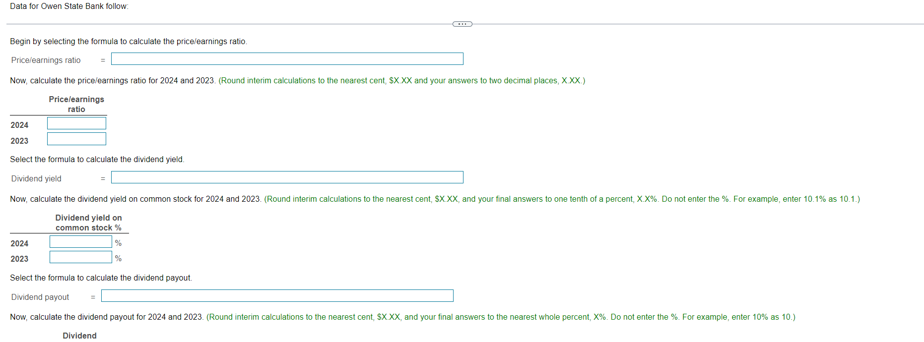 Data For Owen State Bank Follow Begin By Selecting The Formula To Calculate The Price Earnings Ratio Price Earnings Ra 1