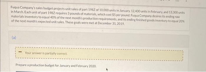 Fuqua Company S Sales Budget Projects Unit Sales Of Part 1982 Of 10 000 Units In January 12 400 Units In February And 1