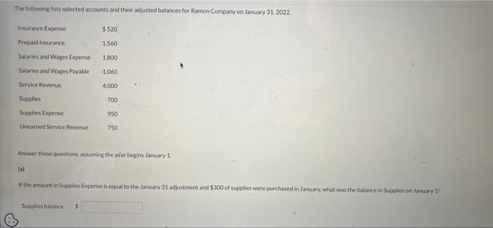 The Following Lists Selected Accounts And Their Adjusted Balances For Ramon Company On January 31 2022 Insurance Expen 1