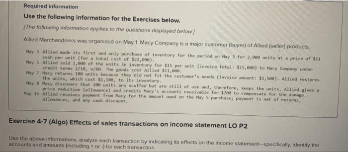 Required Information Use The Following Information For The Exercises Below The Following Information Applies To The Qu 1