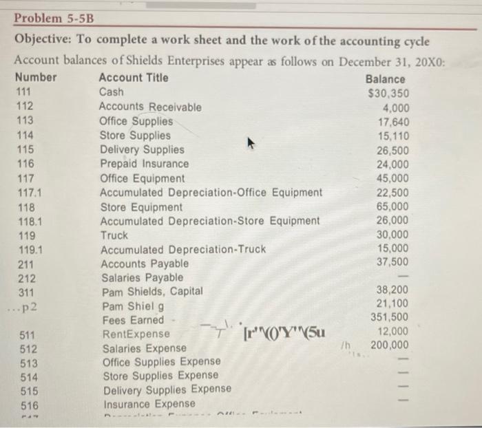 Problem 5 5b Objective To Complete A Work Sheet And The Work Of The Accounting Cycle Account Balances Of Shields Enterp 1