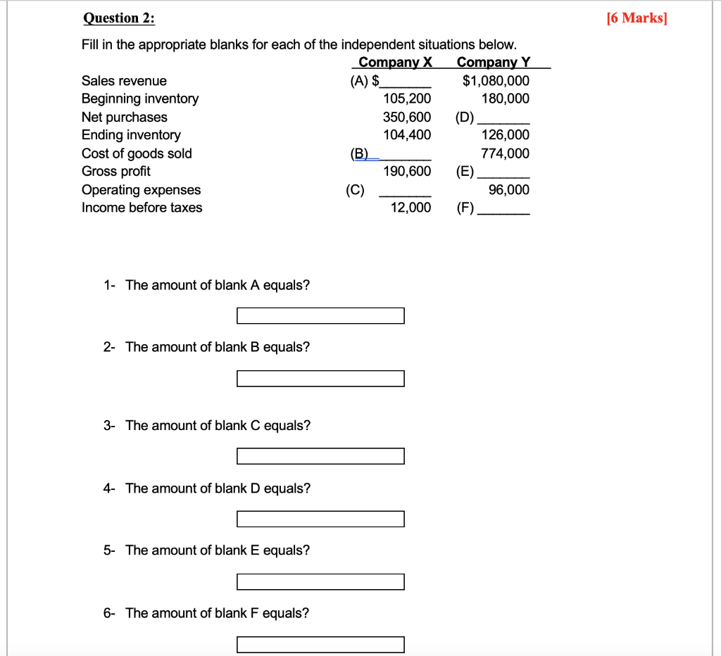 Question 2 6 Marks Fill In The Appropriate Blanks For Each Of The Independent Situations Below Company X Company Y S 1