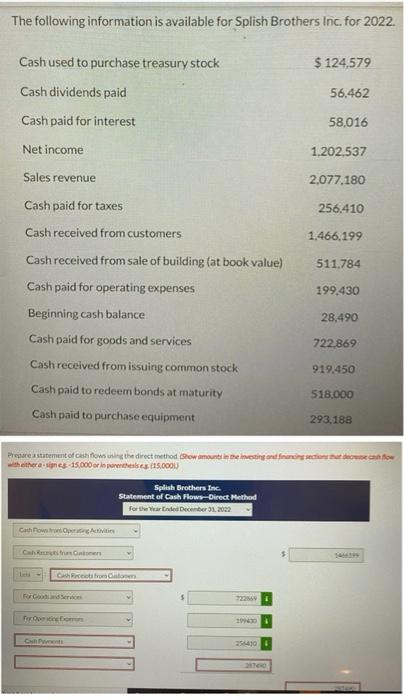 The Following Information Is Available For Splish Brothers Inc For 2022 Cash Used To Purchase Treasury Stock 124 579 1