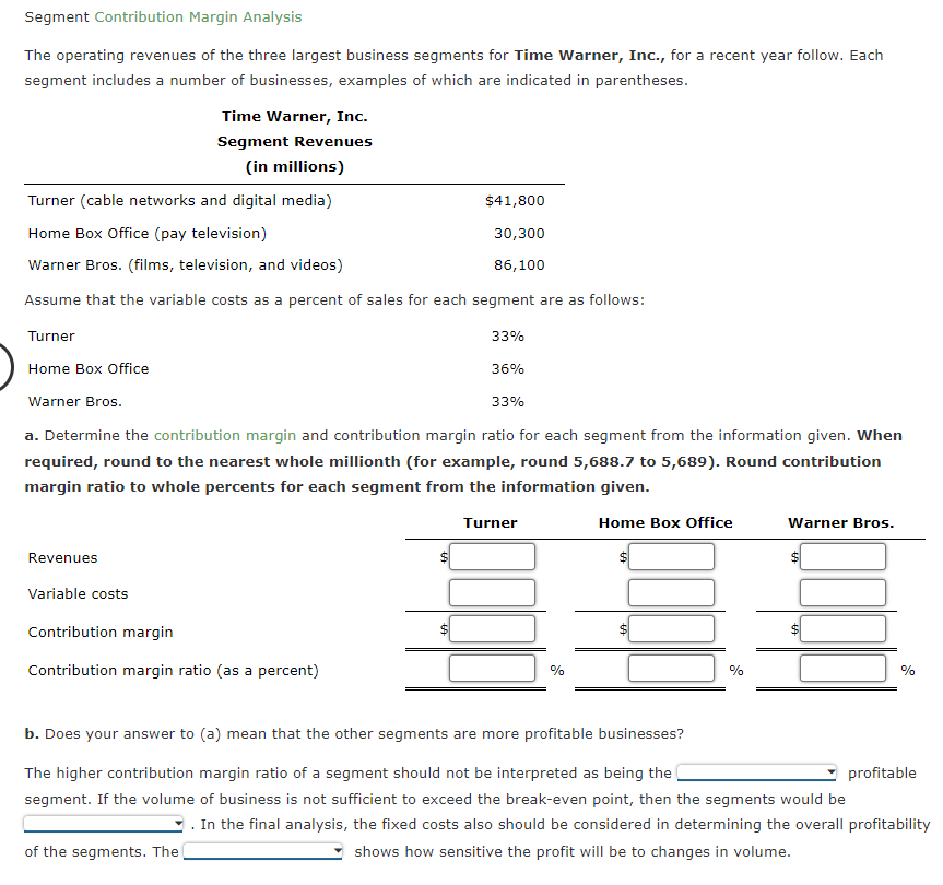 Segment Contribution Margin Analysis The Operating Revenues Of The Three Largest Business Segments For Time Warner Inc 1