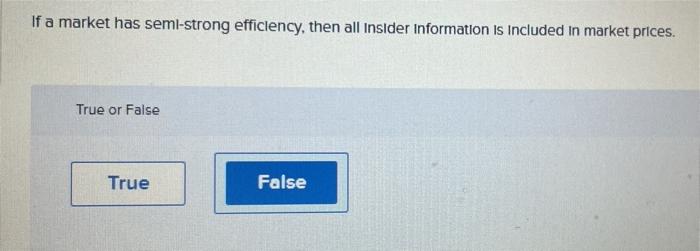 If A Market Has Semi Strong Efficiency Then All Insider Information Is Included In Market Prices True Or False True Fa 1