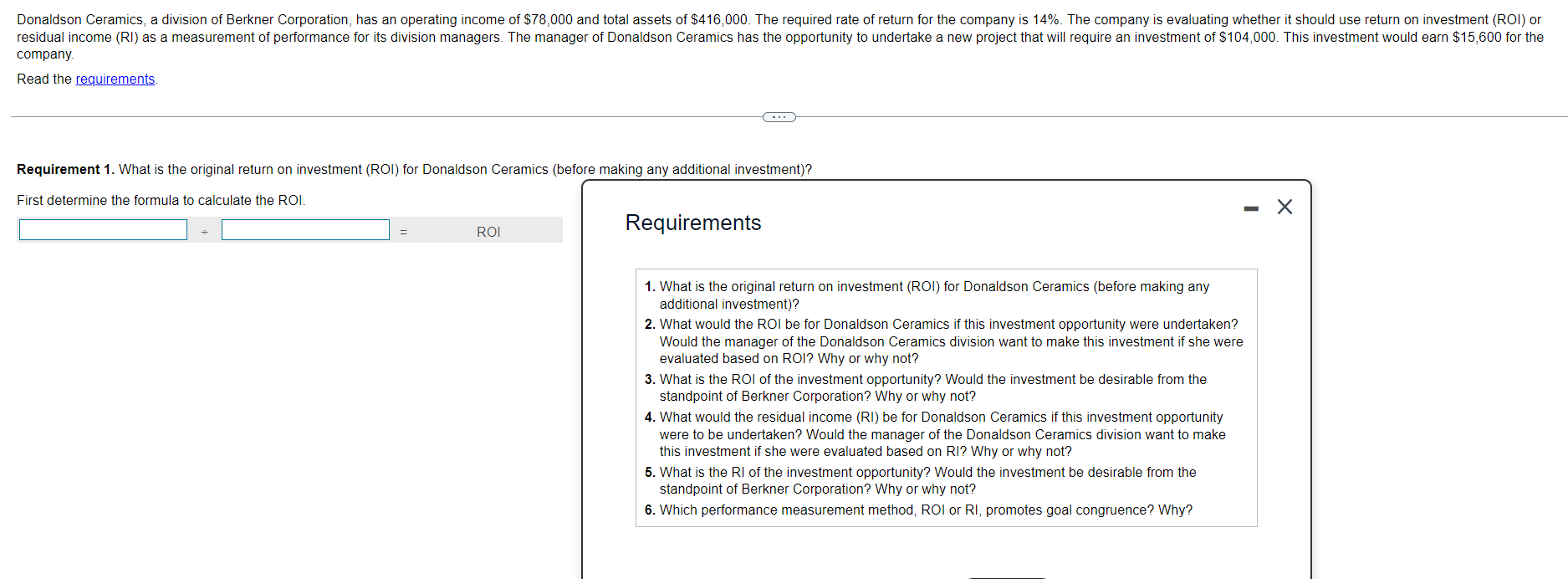 Donaldson Ceramics A Division Of Berkner Corporation Has An Operating Income Of 78 000 And Total Assets Of 416 000 1