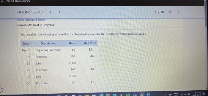 Ch 6a Homework Question 3 Of 7 Show Attempt History Current Attempt In Progress You Are Given The Following Informatio 1
