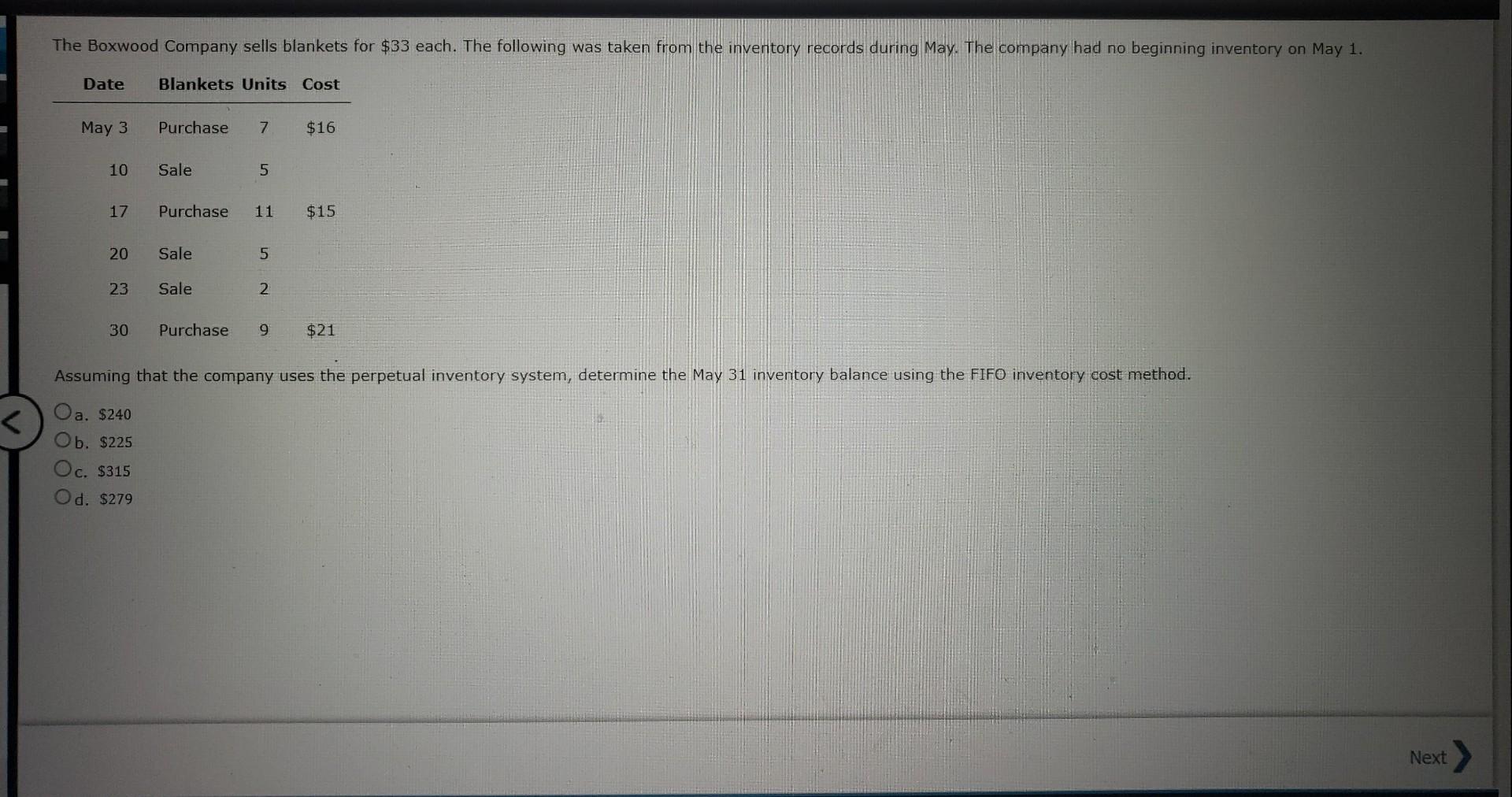 The Boxwood Company Sells Blankets For 33 Each The Following Was Taken From The Inventory Records During May The Co 1