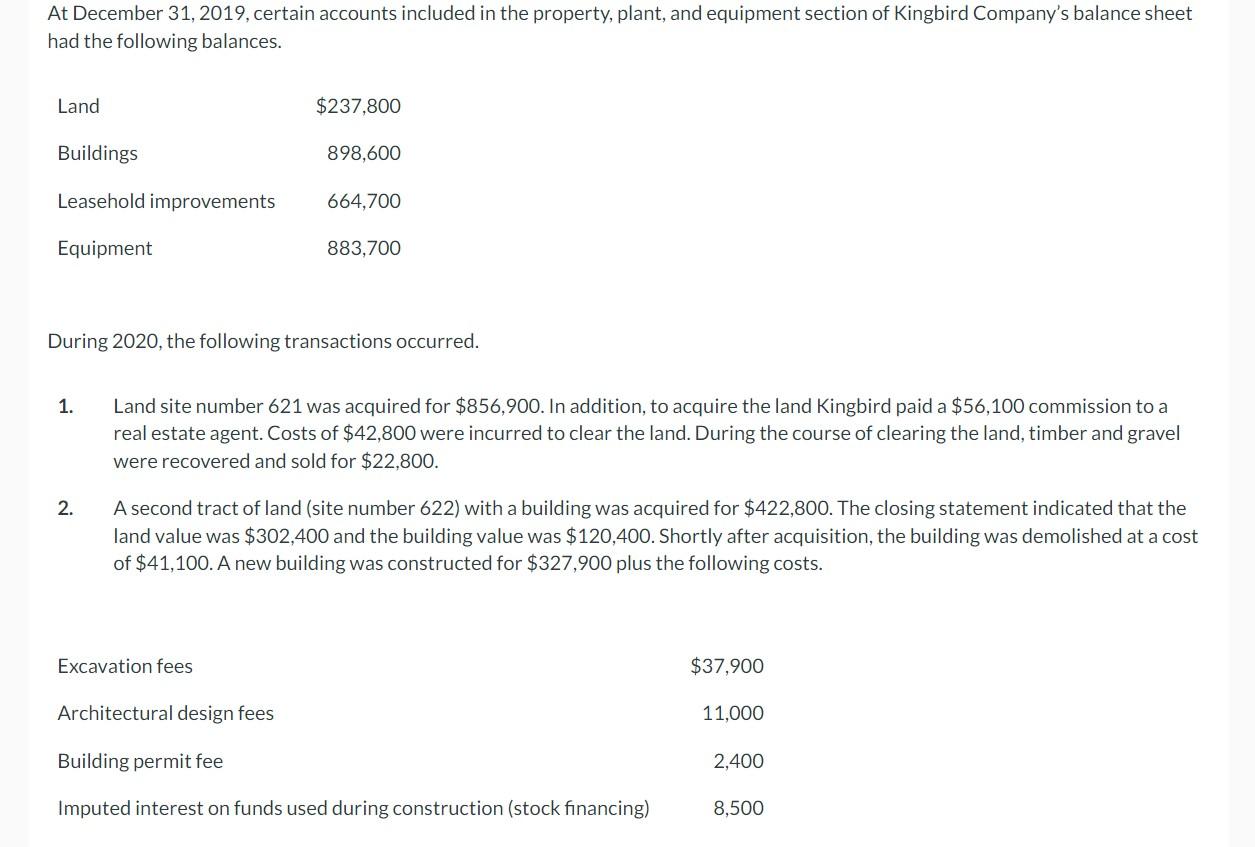 At December 31 2019 Certain Accounts Included In The Property Plant And Equipment Section Of Kingbird Company S Bala 1