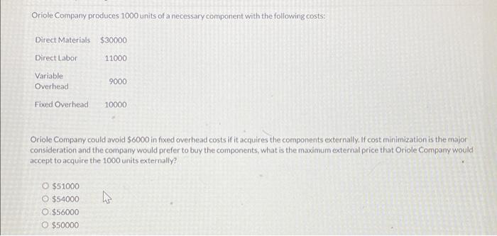 Oriole Company Produces 1000 Units Of A Necessary Component With The Following Costs Direct Materials 30000 Direct Lab 1