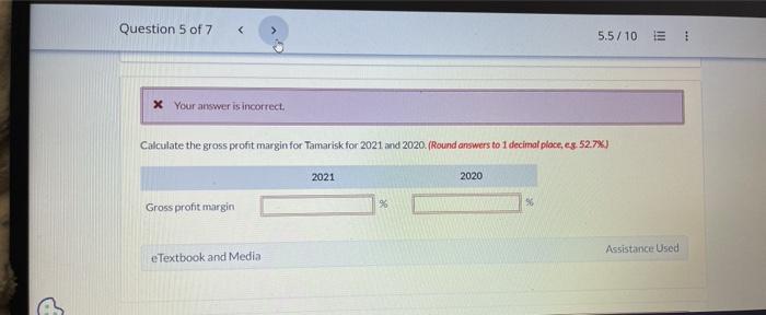 Question 5 Of 7 X Your Answer Is Incorrect Gross Profit Margin Calculate The Gross Profit Margin For Tamarisk For 202 1