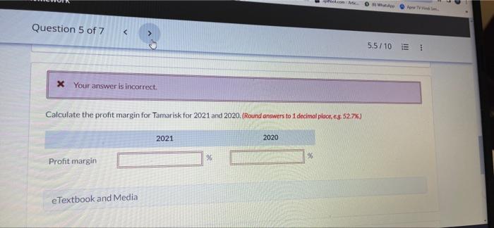 Question 5 Of 7 X Your Answer Is Incorrect Gross Profit Margin Calculate The Gross Profit Margin For Tamarisk For 202 2