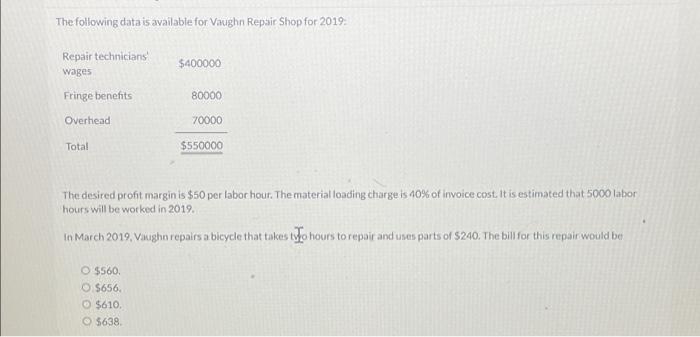 The Following Data Is Available For Vaughn Repair Shop For 2019 Repair Technicians Wages Fringe Benefits Overhead Total 1