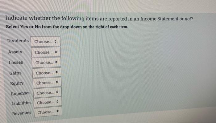Indicate Whether The Following Items Are Reported In An Income Statement Or Not Select Yes Or No From The Drop Down On 1