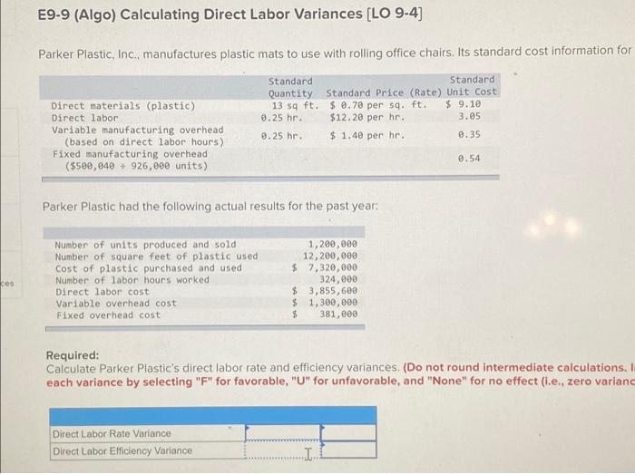 E9 9 Algo Calculating Direct Labor Variances Lo 9 4 9 10 Parker Plastic Inc Manufactures Plastic Mats To Use Wi 1