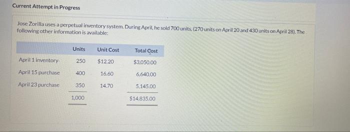 Current Attempt In Progress Jose Zorilla Uses A Perpetual Inventory System During April He Sold 700 Units 270 Units 1