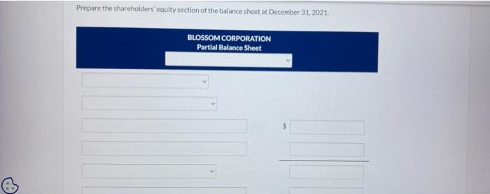 On December 31 2020 Blossom Corporation Had The Following Shareholders Equity Accounts Blossom Corporation Balance S 5